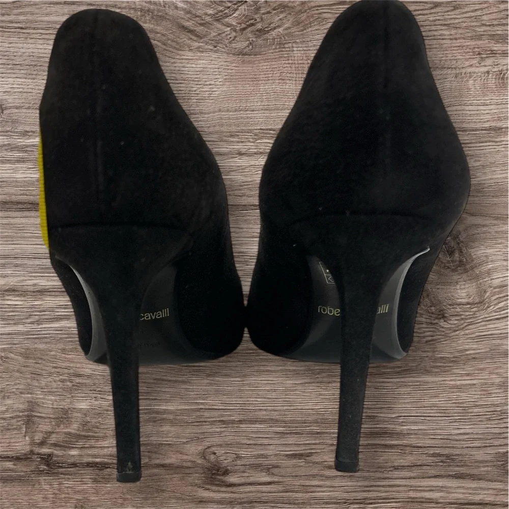 Roberto Cavalli Black Leather Metal Cap Toe Pumps Size 7 Black and Silver - Picture 5 of 9